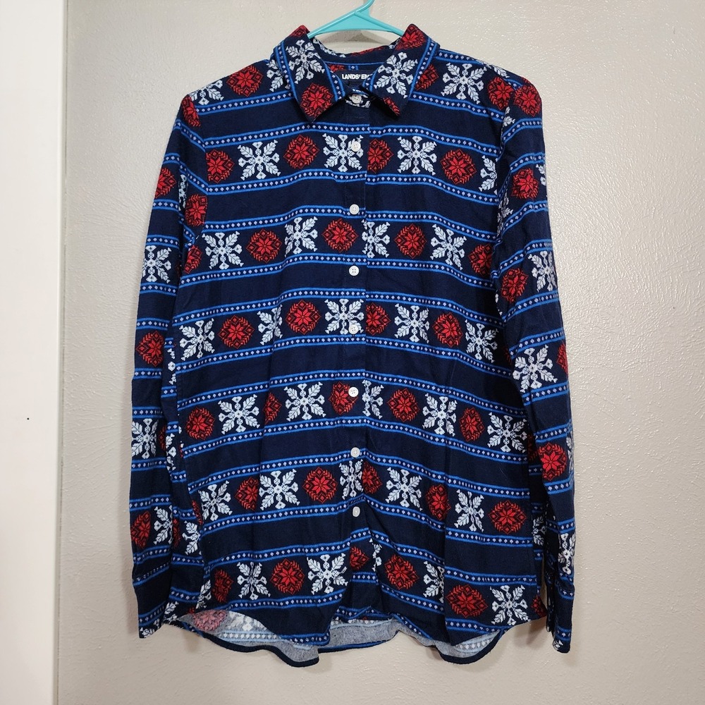 Lands End Women's Snowflake Buttonβ Down Flannel Shirt Medium 10-12 Winter